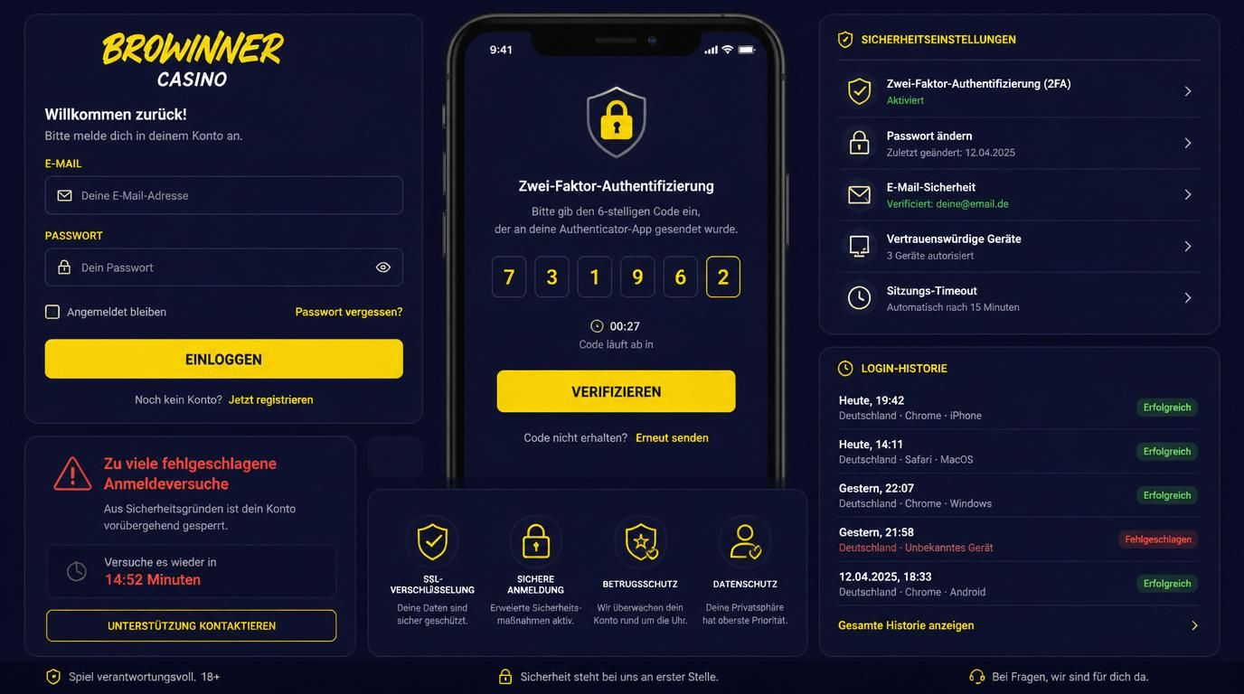  Zwei-Faktor-Authentifizierung, Passwort, Login-Historie, Sicherheitssymbole 