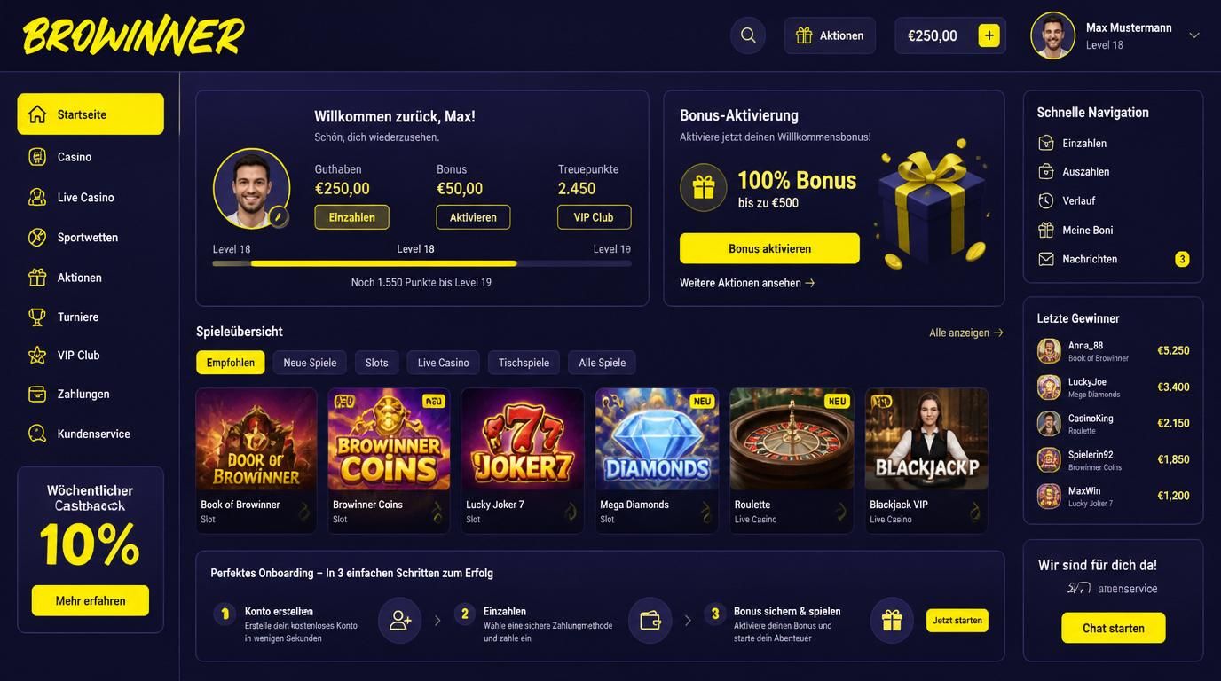 Profil-Dashboard mit Bonusanzeige und Spieleauswahl