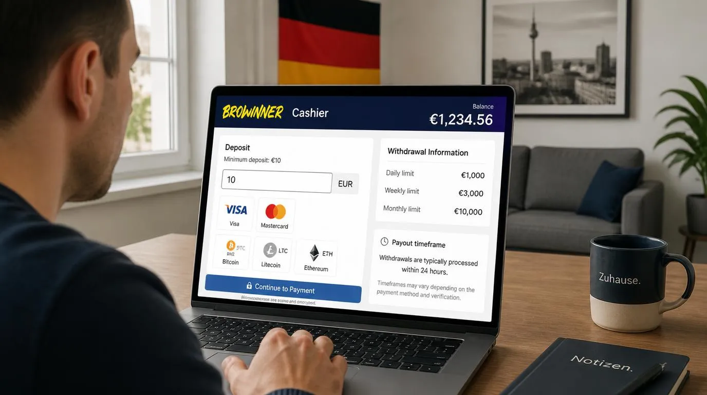 Casino-Kassenansicht mit EUR-Betrag, Karten- und Kryptooptionen sowie sichtbaren Auszahlungslimits