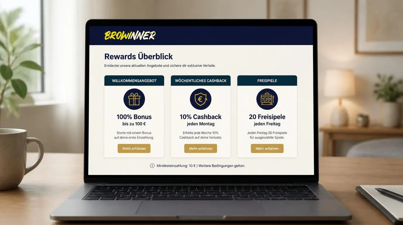 Casino-Bonusübersicht auf einem Bildschirm mit Willkommensangebot, Cashback und Freispielen