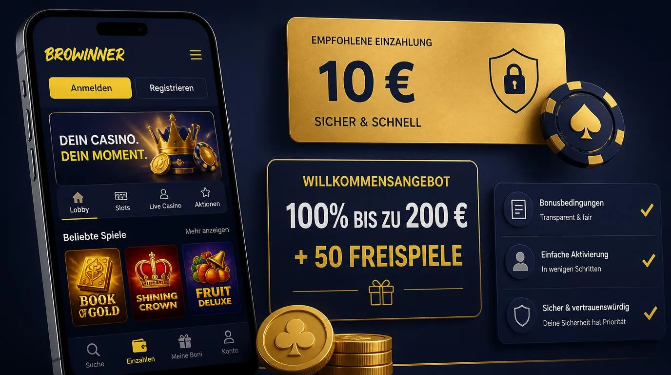Illustration eines Casino-Bonus mit 10 € Einzahlung, bis zu 200 € Bonus und 50 Freispielen