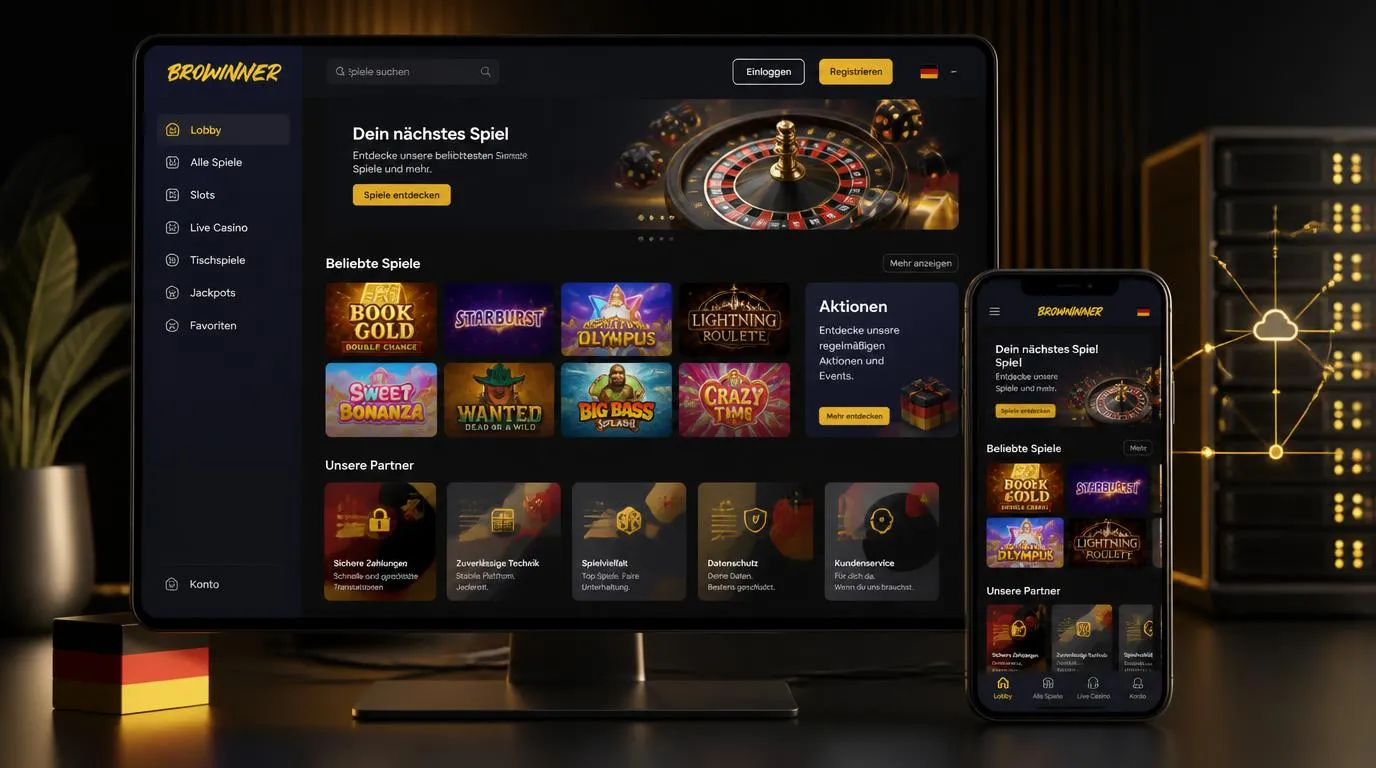 Casino-Oberfläche mit übersichtlicher Spielauswahl, Partnerbereichen und dezentem Hinweis auf Aktionen