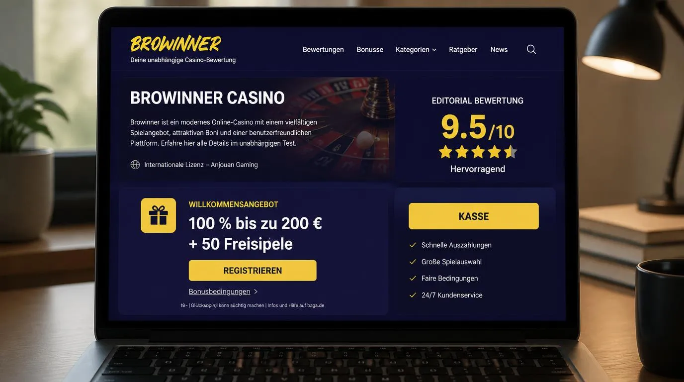 Casino-Oberfläche mit Bewertung, Willkommensangebot und sichtbarem Kassenbereich