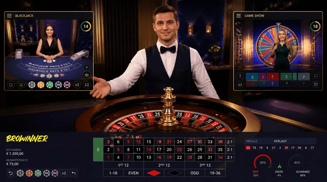 Live-Casino-Studio mit Roulette-Tisch, Dealer und Bildschirm mit Blackjack-Übertragung